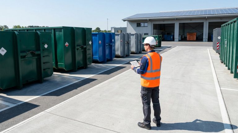 Un conseiller sécurité en tenue de travail et casque blanc inspecte une déchèterie industrielle avec une tablette.