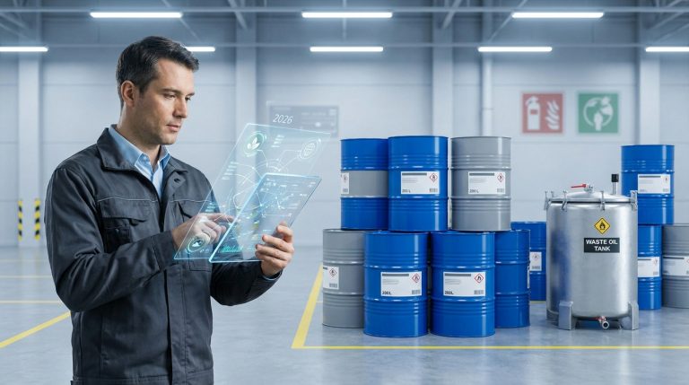 Un technicien utilisant une tablette holographique devant des fûts de stockage d'huiles usagées en entrepôt.