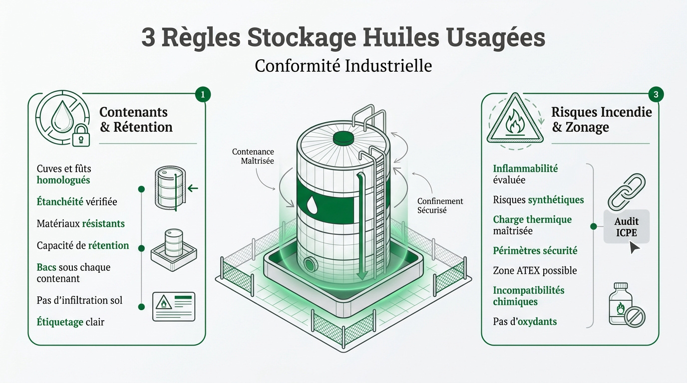 Infographie résumant les règles de conformité applicables aux huiles usagées en entreprise