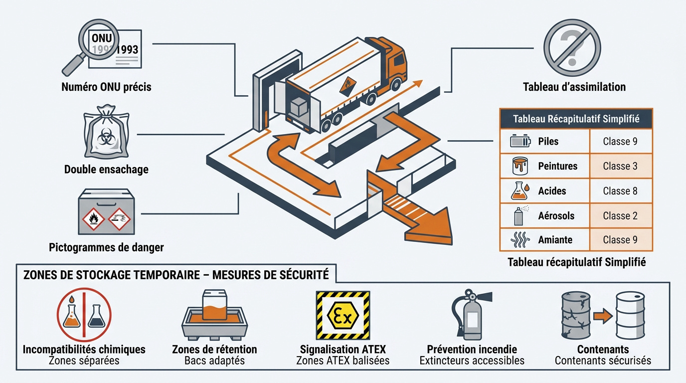 Infographie sur la classification et la gestion sécurisée des déchets dangereux en déchèterie