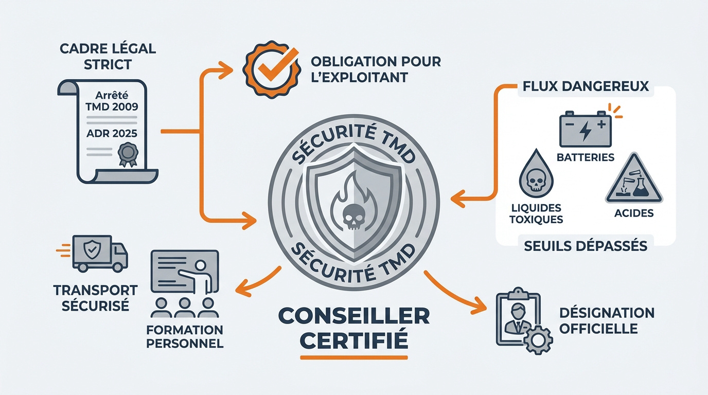 Infographie détaillant les missions et le rôle du conseiller à la sécurité TMD en déchèterie
