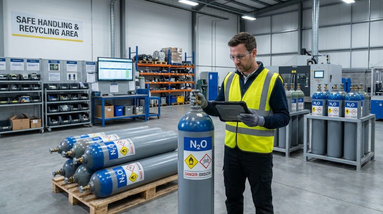 Un technicien avec EPI contrôle une Bonbonne protoxyde d'azote recyclage industrielle sécurisée.