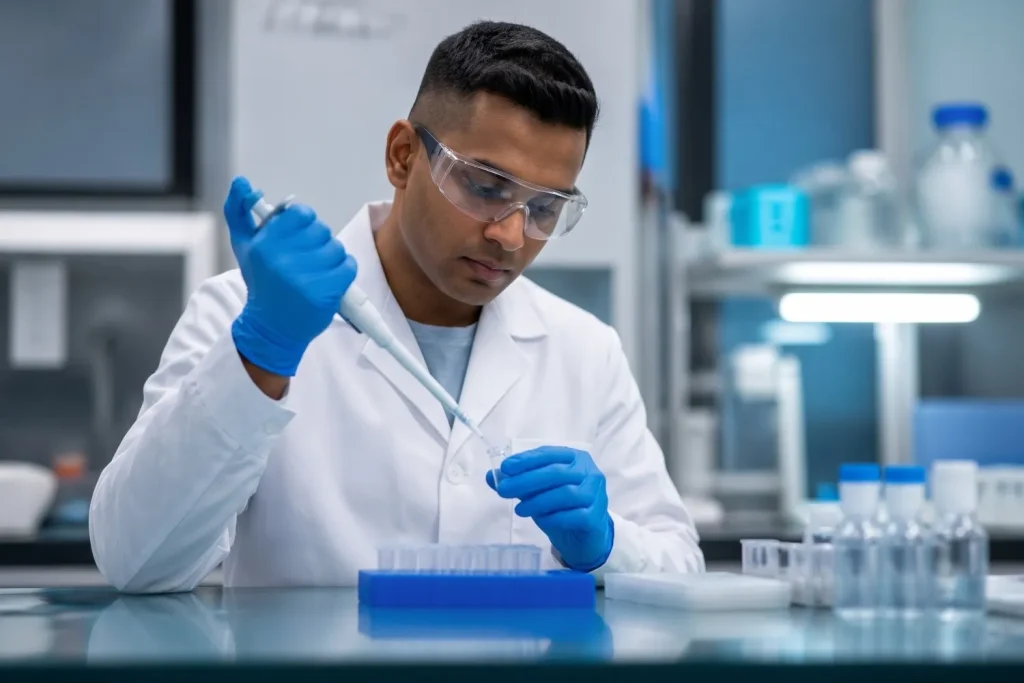 Chercheuse en blouse blanche utilisant une pipette dans un laboratoire pour une analyse de précision. Trackdéchets