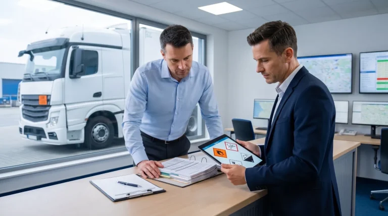 Deux professionnels analysent des documents et une tablette avec des pictogrammes de danger devant un camion de transport. adr transport
