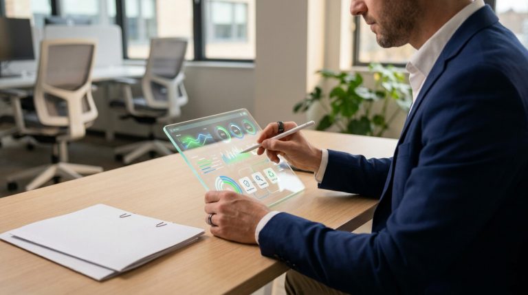 Un professionnel en costume utilise une tablette transparente futuriste pour analyser des graphiques de données environnementales.