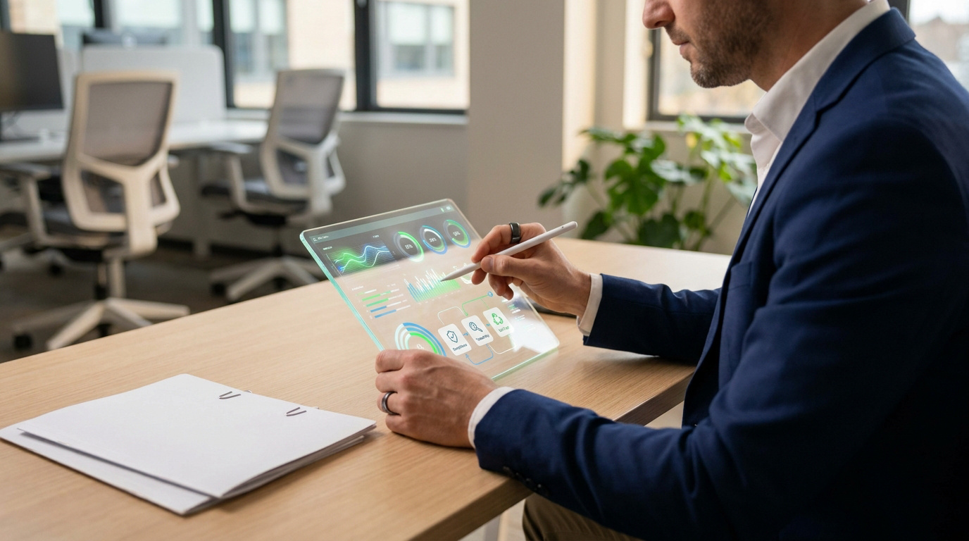 Un professionnel en costume utilise une tablette transparente futuriste pour analyser des graphiques de données environnementales.