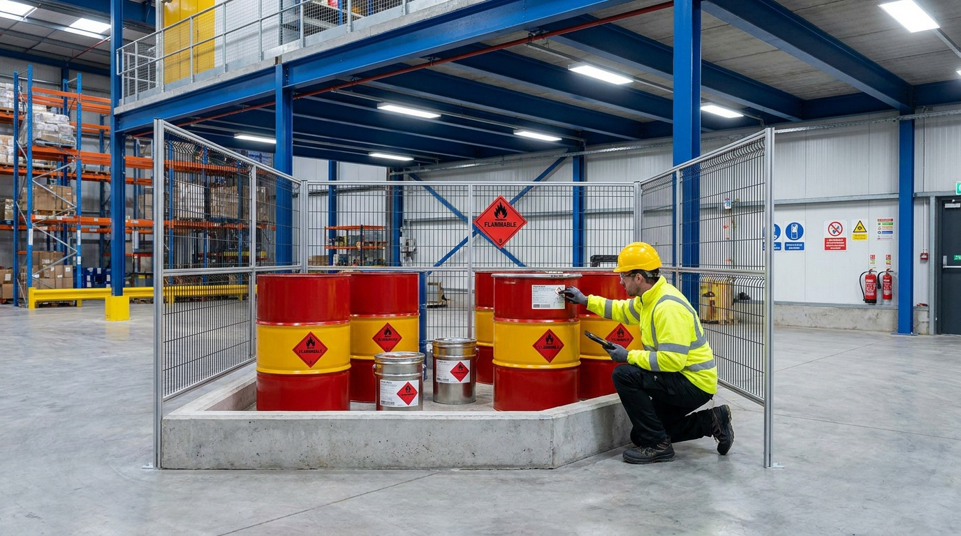 Un technicien inspecte des fûts de liquides inflammables stockés dans une zone de rétention sécurisée en entrepôt.