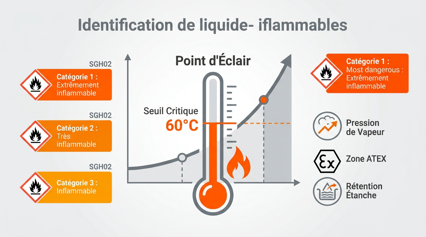 Pictogramme de danger flamme et classification des liquides inflammables selon le point d'éclair