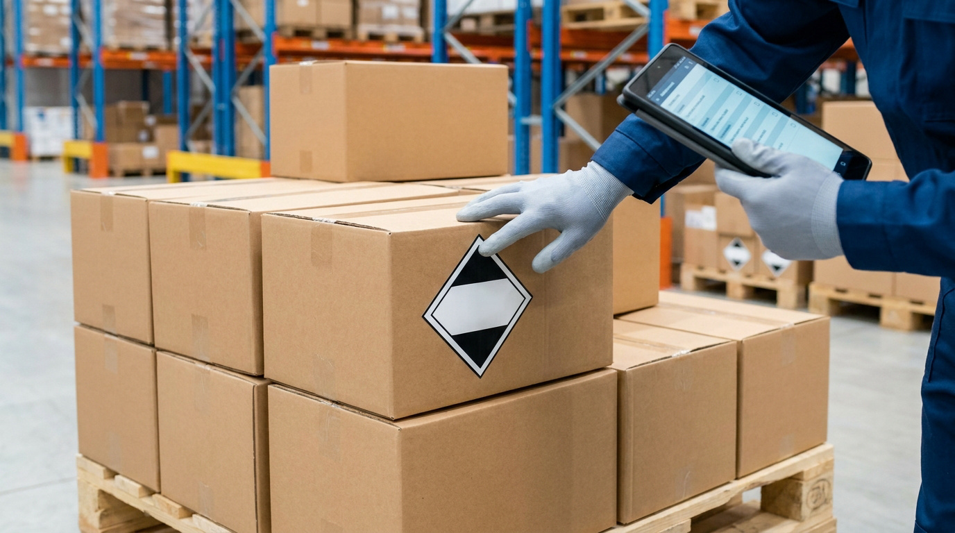Un employé d'entrepôt portant des gants vérifie une étiquette de marchandises dangereuses sur un carton avec une tablette.