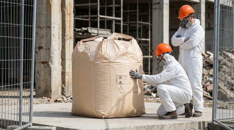 Deux ouvriers en équipement de protection totale manipulent un big bag sur un chantier de désamiantage.