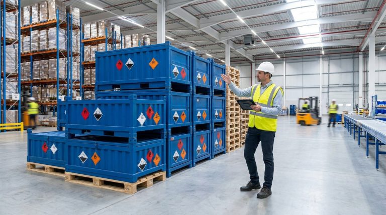 Un responsable logistique examine des conteneurs bleus avec des étiquettes de danger ADR dans un entrepôt.