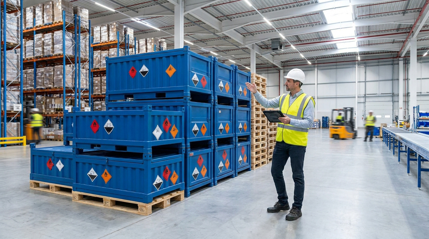Un responsable logistique examine des conteneurs bleus avec des étiquettes de danger ADR dans un entrepôt.