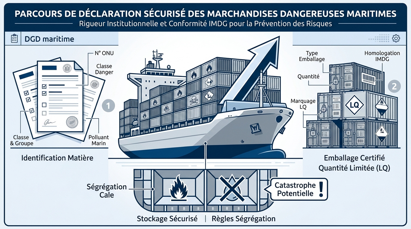 Schéma du parcours sécurisé des marchandises dangereuses maritimes selon le code IMDG