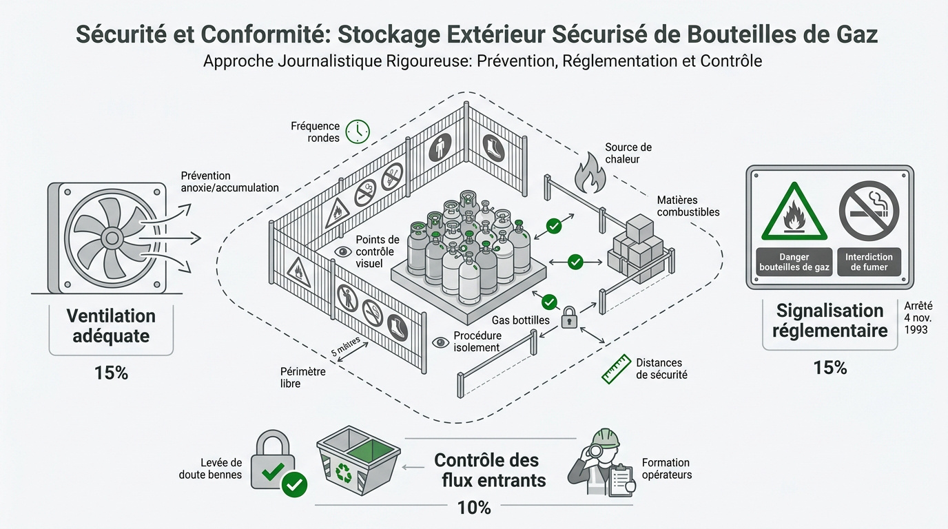 Entreposage sécurisé de bouteilles de gaz industriel en zone ventilée et balisée