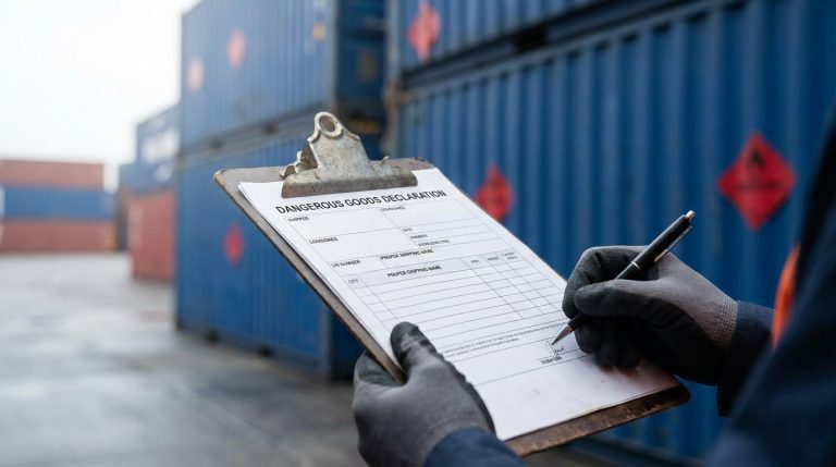 Un employé portant des gants remplit une déclaration de marchandises dangereuses dans un dépôt de conteneurs maritimes.