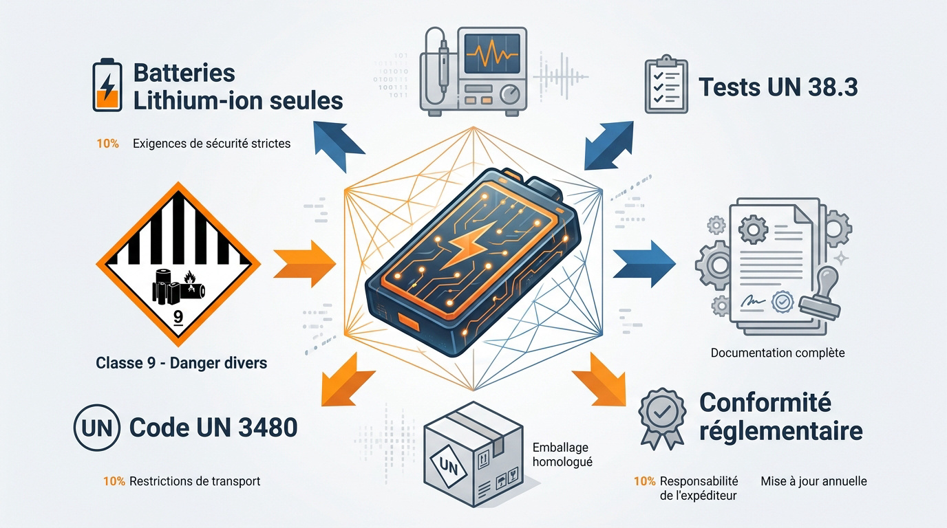 Colis de batteries lithium-ion UN 3480 préparé pour le transport routier ADR