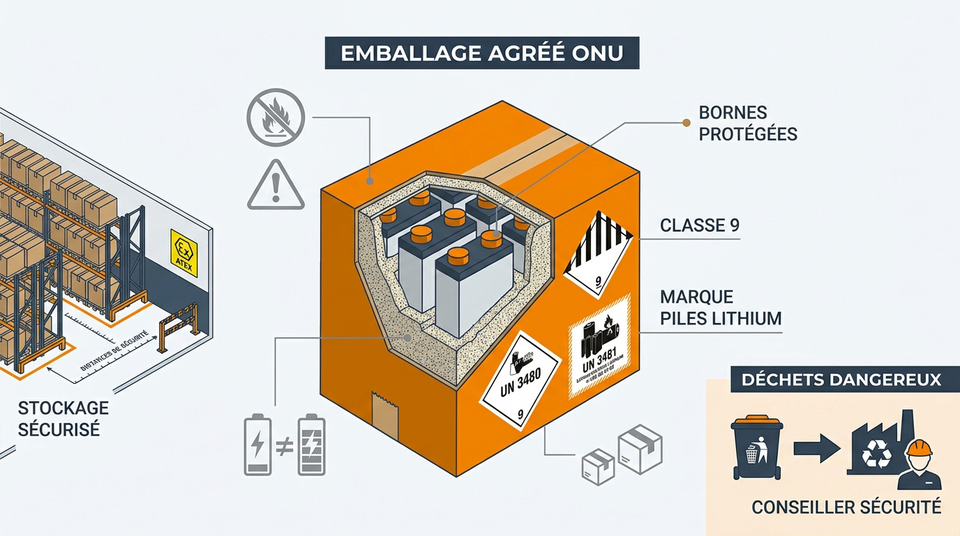 Emballage homologué P903 et étiquetage 9A de batteries lithium UN 3480