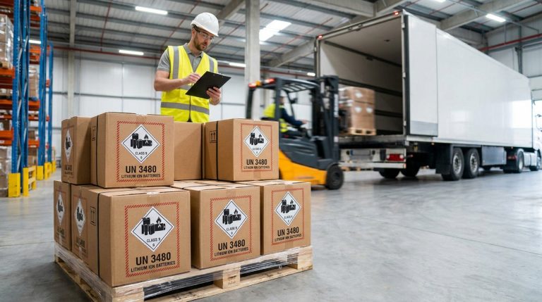 Un magasinier vérifie une palette de batteries lithium UN 3480 prête pour le transport en entrepôt logistique.