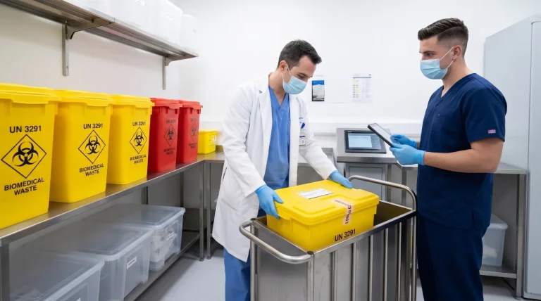 Personnel médical portant des masques et gants manipulant des bacs jaunes pour déchets biomédicaux dans un hôpital. UN 3291