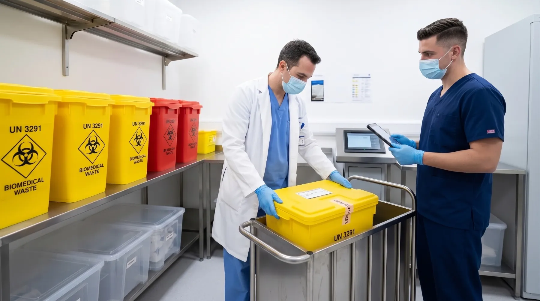 Personnel médical portant des masques et gants manipulant des bacs jaunes pour déchets biomédicaux dans un hôpital. UN 3291