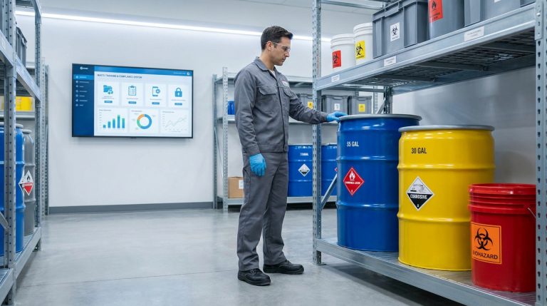 Technicien en tenue de protection examinant des fûts de déchets chimiques dans un entrepôt avec un écran de suivi.